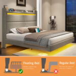 Floating Bed Frame with LED Lights, Upholstered Platform Bed - Chic Decora