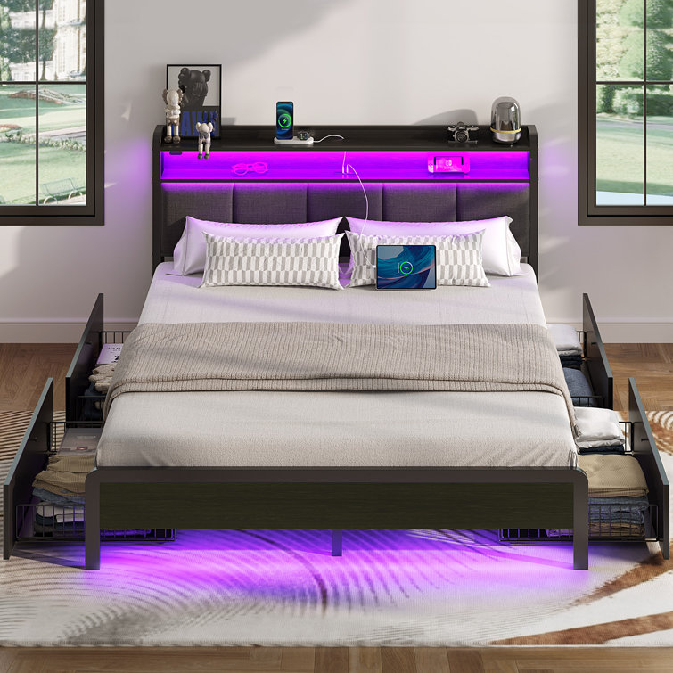 Franzi Bed with Storage Headboard, 4 Storage , Charging Station and LED Lights - Chic Decora