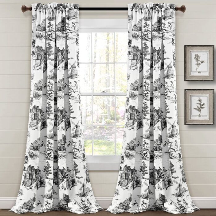 French Country Toile Polyester Room Darkening Curtain Pair (Set of 2) - Chic Decora