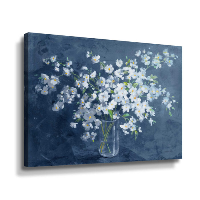 Fresh White Bouquet Dark Blue by Danhui Nai, Summer Flowers in Vase Fine Art Canvas Wall Print - Chic Decora