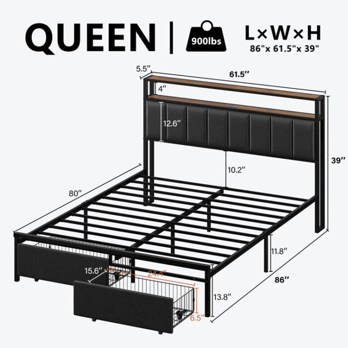 Full Bed Frame With 2 Storage Drawers, 2-Tier Storage Pu Headboard With Charging Station& Led Lights, Metal Platform Bed/No Box Spring Needed/Noise Free/Rustic Brown - Chic Decora