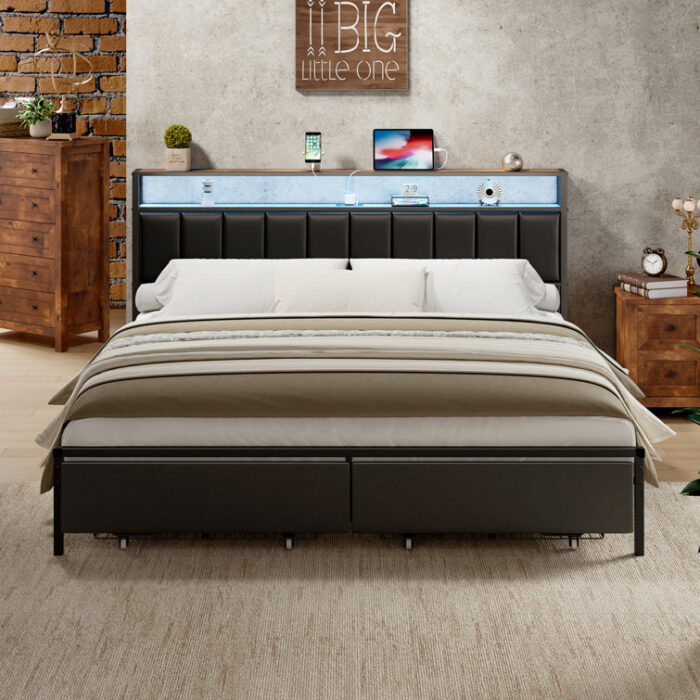 Full Bed Frame With 2 Storage Drawers, 2-Tier Storage Pu Headboard With Charging Station& Led Lights, Metal Platform Bed/No Box Spring Needed/Noise Free/Rustic Brown - Chic Decora