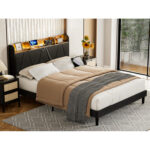 Gearl Upholstered Bed With Storage Shelf Headboard & Charging Station - Chic Decora