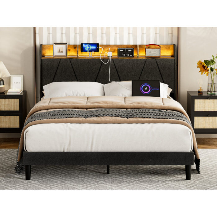 Gearl Upholstered Bed With Storage Shelf Headboard & Charging Station - Chic Decora