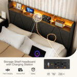 Gearl Upholstered Bed With Storage Shelf Headboard & Charging Station - Chic Decora