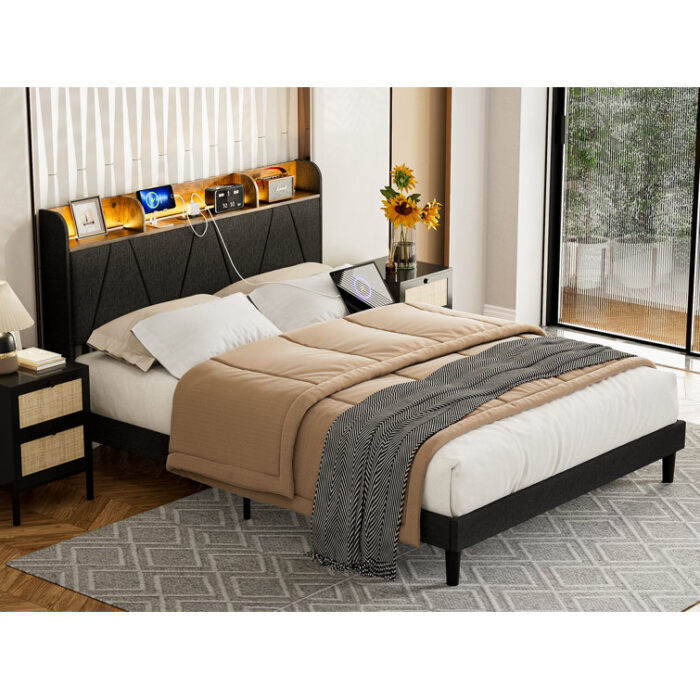 Gearl Upholstered Bed With Storage Shelf Headboard & Charging Station - Chic Decora