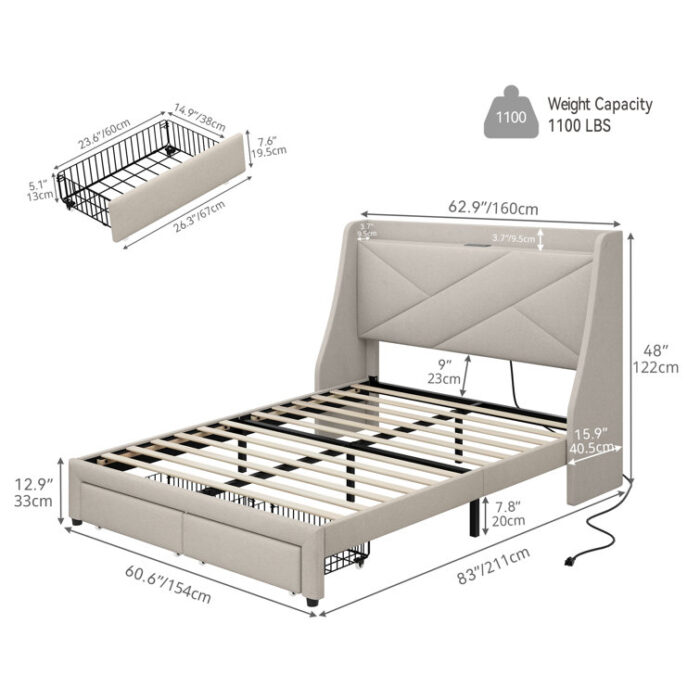 Genevi Upholstered Storage Bed with Built-in Outlets - Chic Decora