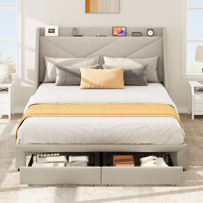 Genevi Upholstered Storage Bed with Built-in Outlets - Chic Decora