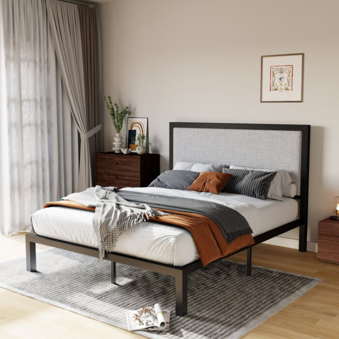 Gillepsie Metal Platform Bed with Upholstered Headboard - Chic Decora