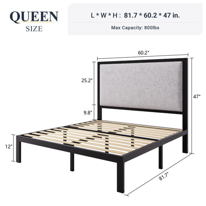 Gillepsie Metal Platform Bed with Upholstered Headboard - Chic Decora