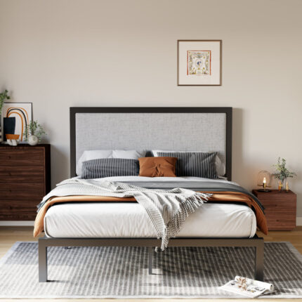 Bed Frame with Headboard, Metal Platform bed with LED Lights, Power Outlets & Under-Bed Storage - Chic Decora