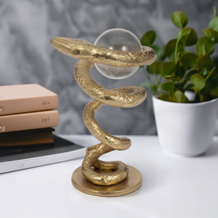 Gold Novelty 7” Metal Snake Coil Figurine with Acrylic Ball – 5″ x 4″ x 7″ - Chic Decora