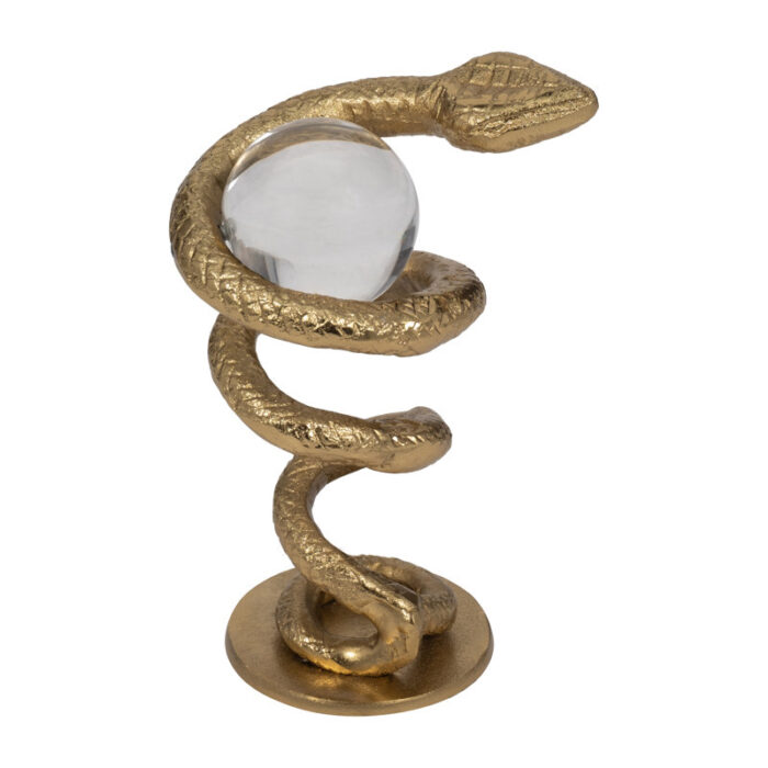 Gold Novelty 7” Metal Snake Coil Figurine with Acrylic Ball – 5″ x 4″ x 7″ - Chic Decora