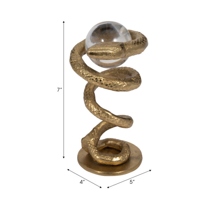 Gold Novelty 7” Metal Snake Coil Figurine with Acrylic Ball – 5″ x 4″ x 7″ - Chic Decora