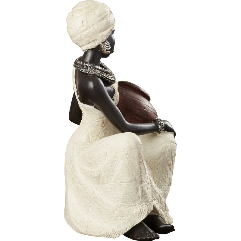 Harly Cream Polystone Sitting African Woman Sculpture with Red Water Pot - Chic Decora