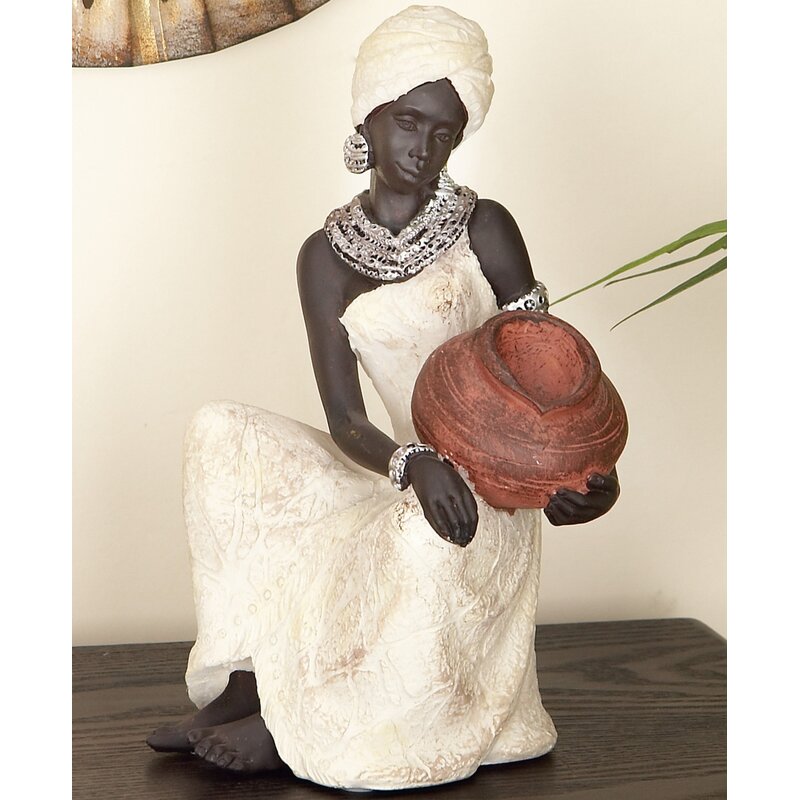 Harly Cream Polystone Sitting African Woman Sculpture with Red Water Pot - Chic Decora