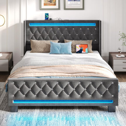 Herica Upholstered Wingback Bed with Headboard, Charging Station and RGB LED Lights - Chic Decora