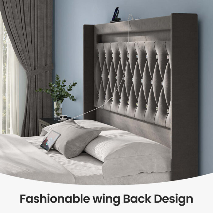 Herica Upholstered Wingback Bed with Headboard, Charging Station and RGB LED Lights - Chic Decora