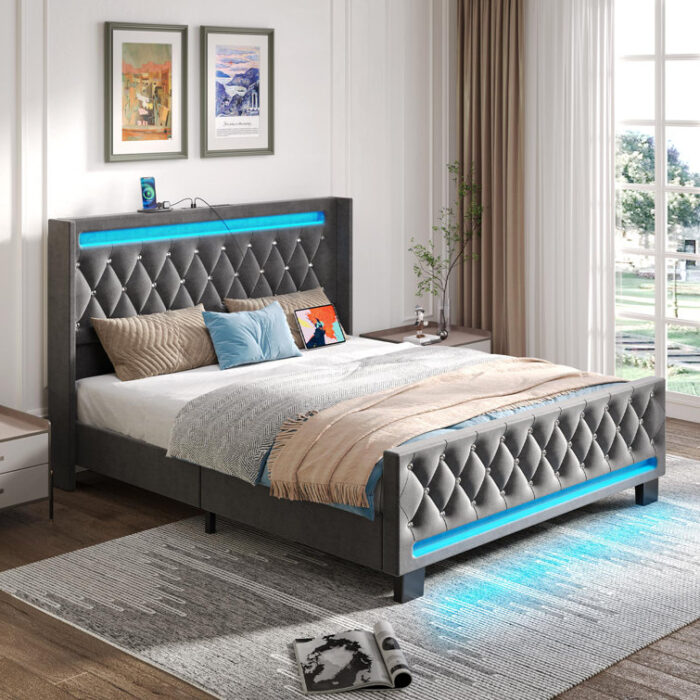 Herica Upholstered Wingback Bed with Headboard, Charging Station and RGB LED Lights - Chic Decora