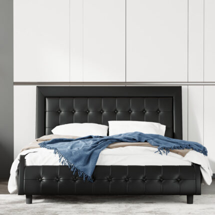 Velvet Tufted Upholstered Low Profile Platform Bed Frame With Wingback Headboard and Wooden Slats - Chic Decora