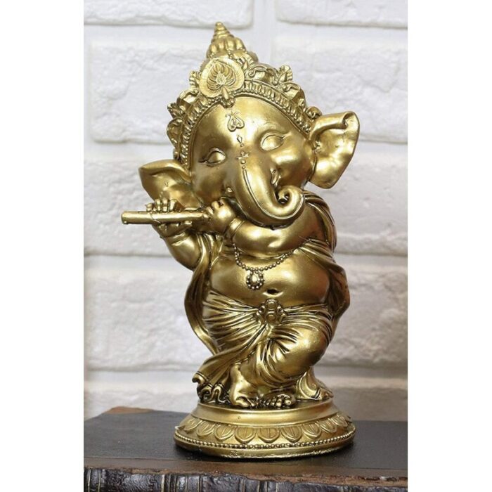 Hindu Elephant God Ritual Dancing Ganesha Golden Statue 6″ H Deity Of Arts Wisdom And Knowledge Decor Figurine (Ganesh With Flute) - Chic Decora