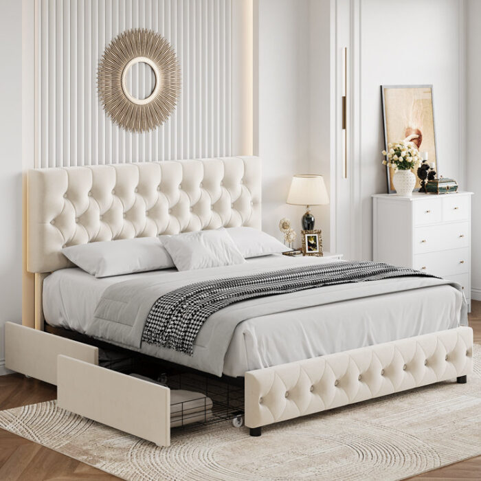 Huyen Upholstered Storage Platform Bed with Adjustable Tufted Headboard and 4 Drawers - Chic Decora