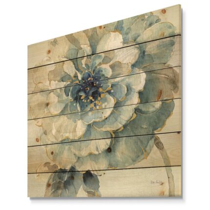 Indigold Watercolor Flower II – Farmhouse Print on Natural Pine Wood - Chic Decora