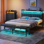 Iolana Upholstered Bed with Headboard, Detachable Shoe Rack, LED Lights and USB Ports - Chic Decora