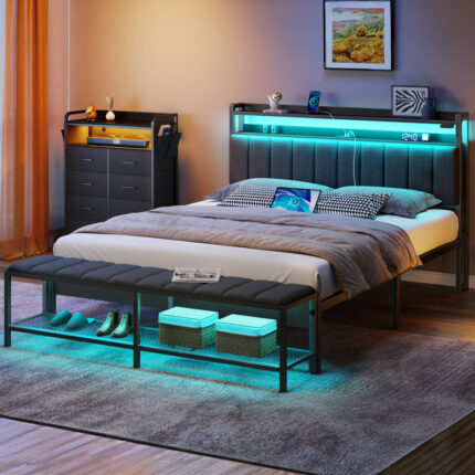 Iolana Upholstered Bed with Headboard, Detachable Shoe Rack, LED Lights and USB Ports - Chic Decora