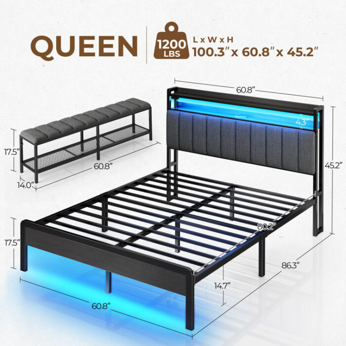 Iolana Upholstered Bed with Headboard, Detachable Shoe Rack, LED Lights and USB Ports - Chic Decora