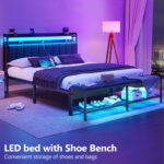 Iolana Upholstered Bed with Headboard, Detachable Shoe Rack, LED Lights and USB Ports - Chic Decora