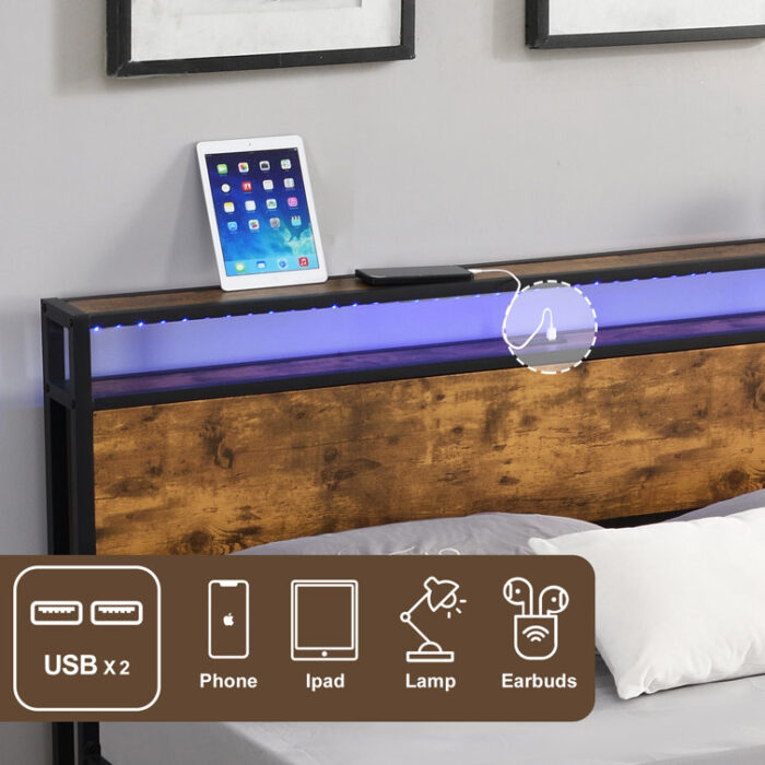 Izzat Industrial Platform Bed with LED Lights and USB Ports - Chic Decora