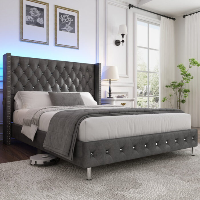 Jaquavion Queen white Upholstered Platform Bed with Wingback and LED - Chic Decora