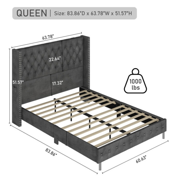 Jaquavion Queen white Upholstered Platform Bed with Wingback and LED - Chic Decora