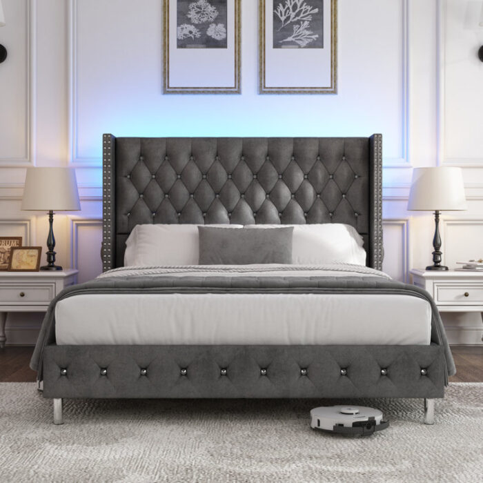 Jaquavion Queen white Upholstered Platform Bed with Wingback and LED - Chic Decora