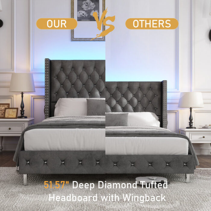 Jaquavion Queen white Upholstered Platform Bed with Wingback and LED - Chic Decora