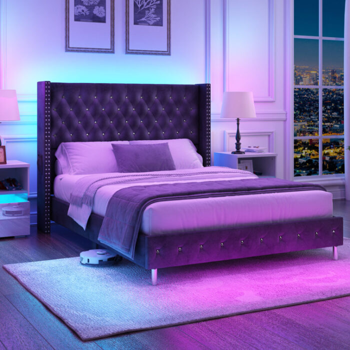 Jaquavion Queen white Upholstered Platform Bed with Wingback and LED - Chic Decora