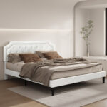 Jashod Bed Frame Upholstered Low Profile Platform Bed with Tufted Faux Leather Headboard - Chic Decora