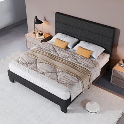 Bed Frame with Storage Headboard, Metal Platform Bed Frame with RGB Lights & Outlets - Chic Decora