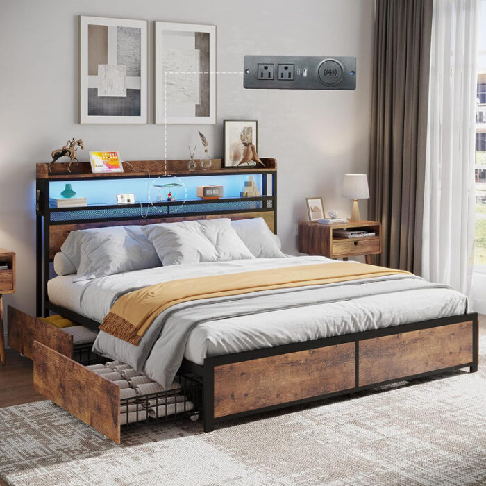 Jerricho Bed Frame with 4 Storage Drawers, LED Bed Frame with Charging Station - Chic Decora