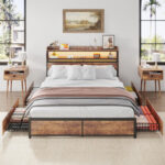 Jerricho Bed Frame with 4 Storage Drawers, LED Bed Frame with Charging Station - Chic Decora