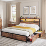 Jerricho Bed Frame with 4 Storage Drawers, LED Bed Frame with Charging Station - Chic Decora