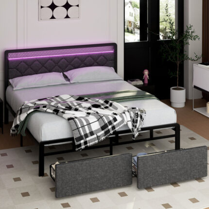 Kaylab High Gloss Wood Grains Bed with LED - Chic Decora