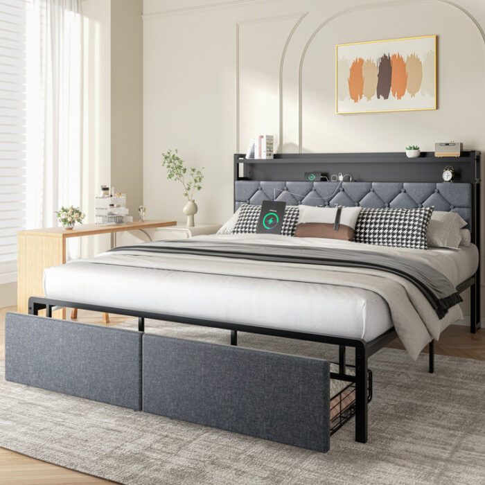 Jeshaiah Upholstered Platform Bed with Two Drawers and Power Strip - Chic Decora