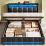 Jilissa Upholstered Bookcase Lift Up Storage Bed with Charging Station and RGB LED Lights - Chic Decora