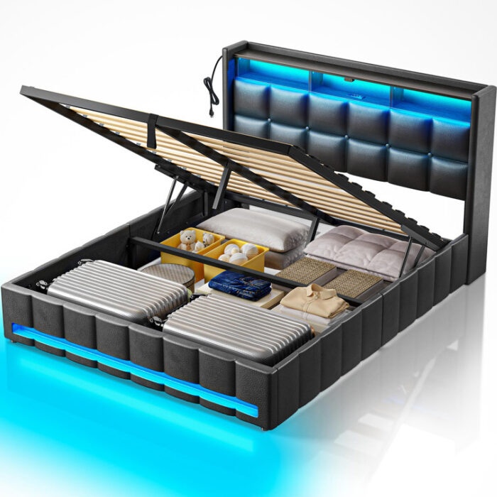 Jilissa Upholstered Bookcase Lift Up Storage Bed with Charging Station and RGB LED Lights - Chic Decora