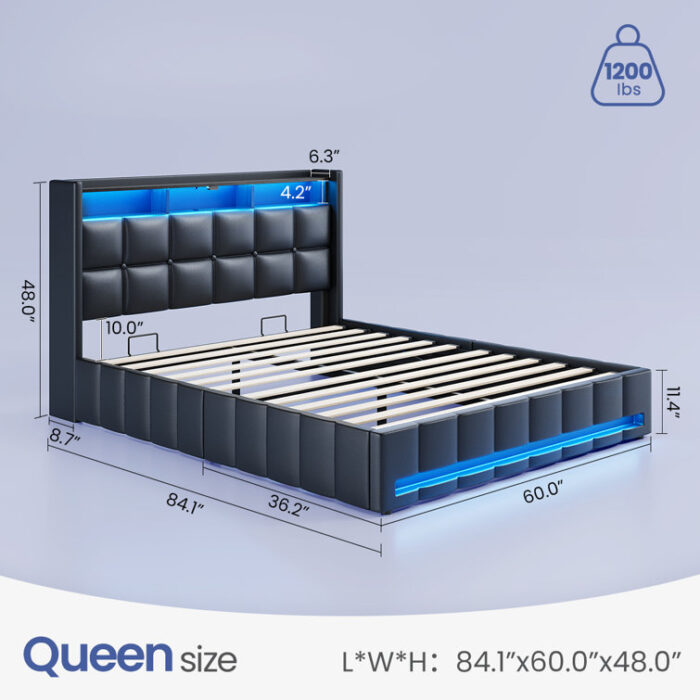 Jilissa Upholstered Bookcase Lift Up Storage Bed with Charging Station and RGB LED Lights - Chic Decora