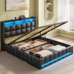 Jilissa Upholstered Bookcase Lift Up Storage Bed with Charging Station and RGB LED Lights - Chic Decora