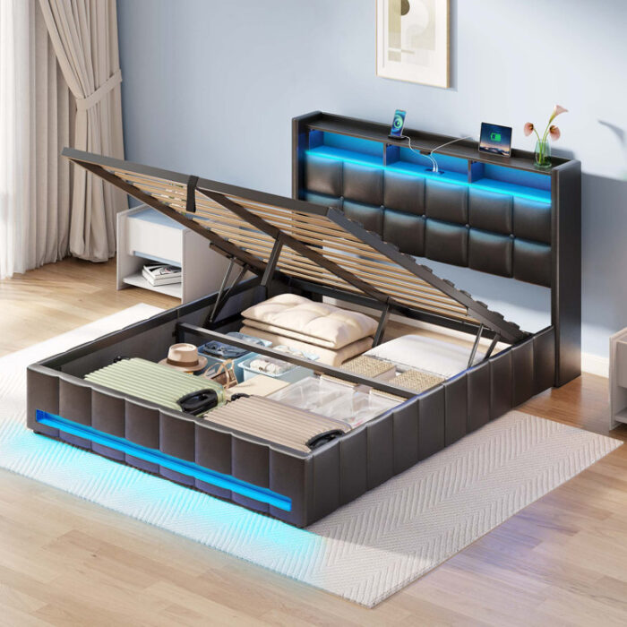 Jilissa Upholstered Bookcase Lift Up Storage Bed with Charging Station and RGB LED Lights - Chic Decora