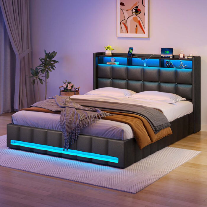 Jilissa Upholstered Bookcase Lift Up Storage Bed with Charging Station and RGB LED Lights - Chic Decora